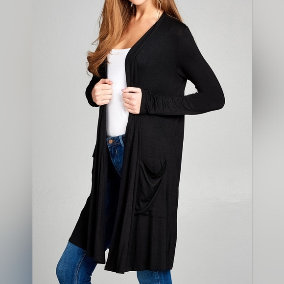 Max Studio long black open cardigan with waist tie XS - Picture 3 of 10